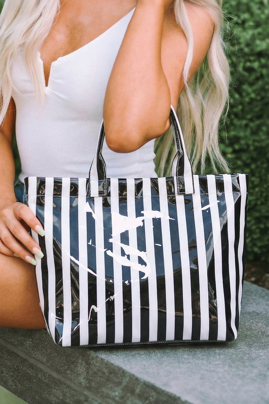 Color black Glossy Striped Vinyl Large Tote Bag