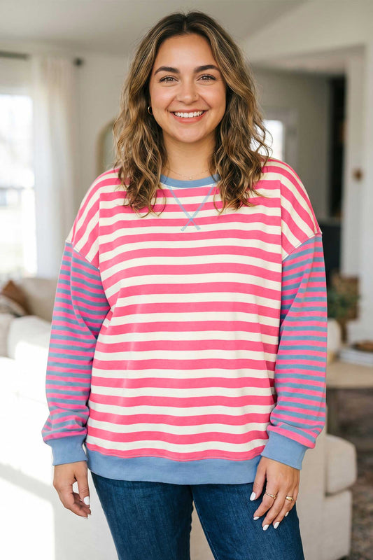Pink Stripe Colorblock Tunic Plus Size Sweatshirt