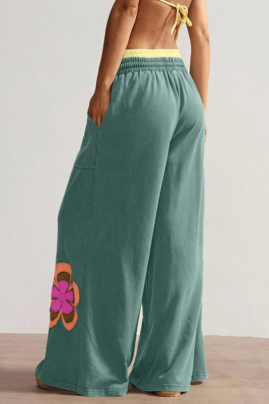 Sea Green Color Block Flower Patchwork Drawstring Contrasted Elastic Waist Wide Leg Pants