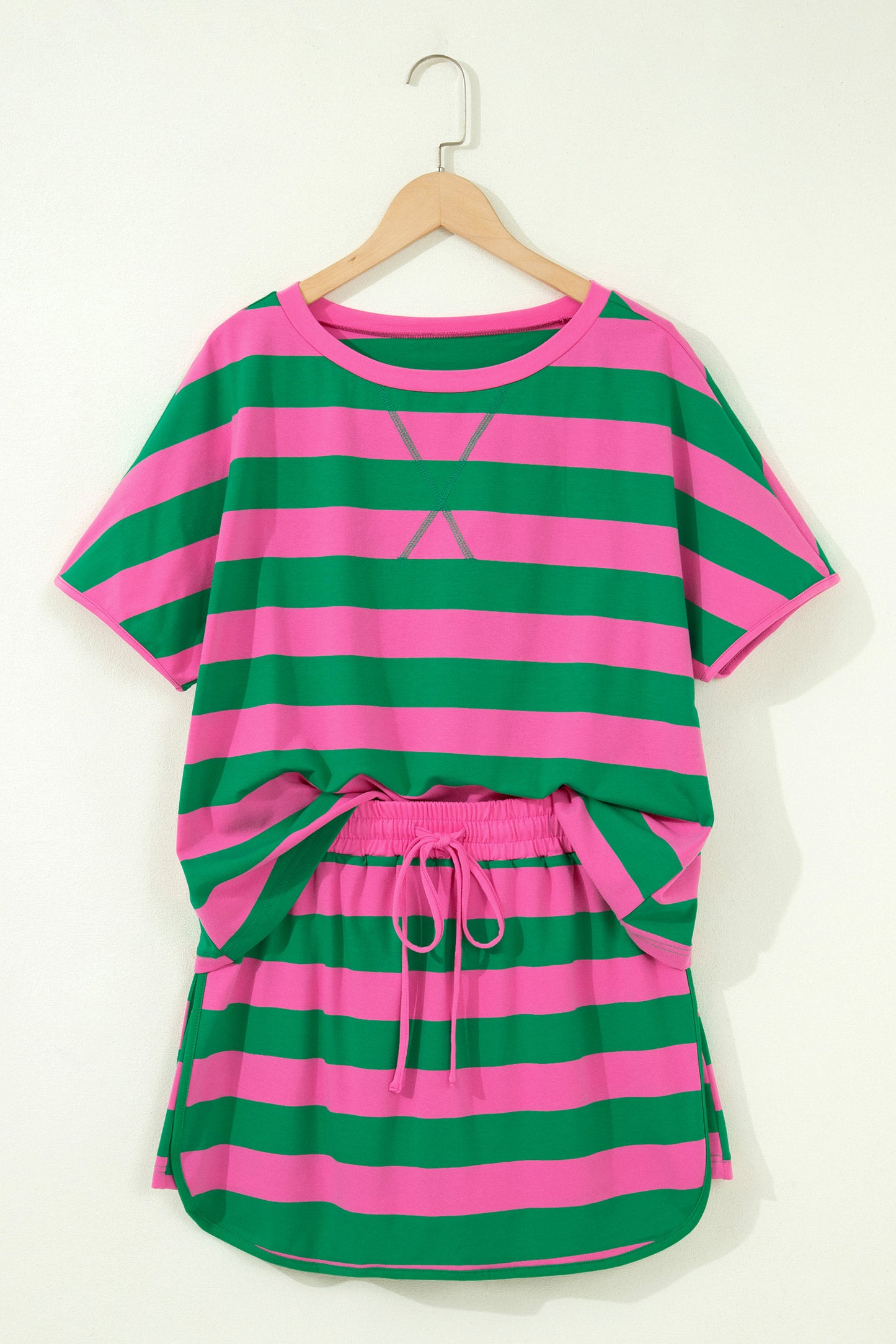 Stripe Dolman Tee Drawstring Skort Athletic 2pcs Set