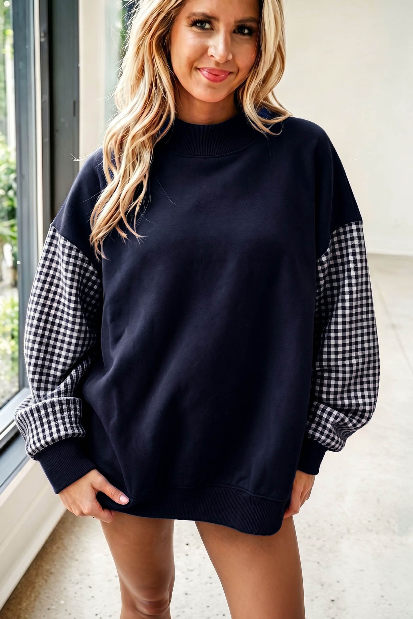 Plaid Sleeve Loose Tunic Mockneck Sweatshirt