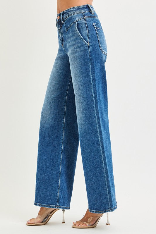 High Rise Wide Leg Jeans with Front Yoke Seam Detail