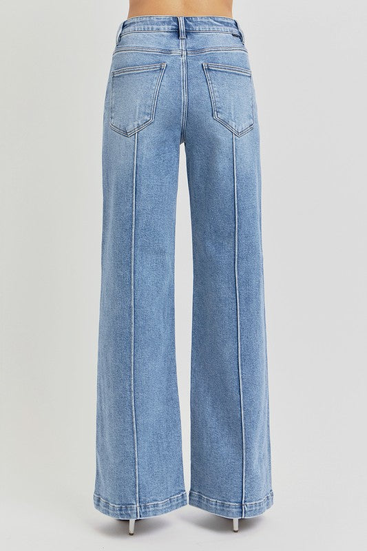 Risen High Waist Wide Leg Pintuck Jeans