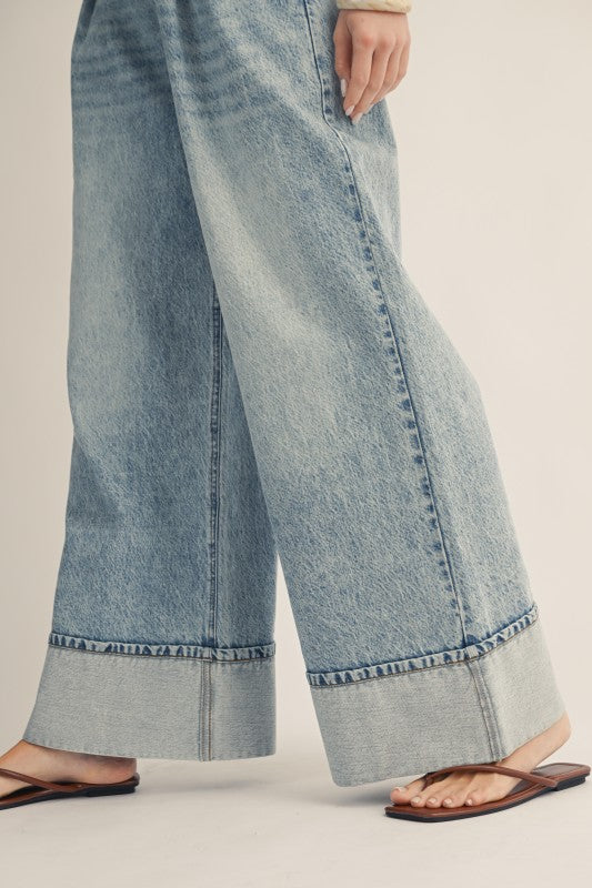 Washed Timeless Cuffed Hem Wide Leg Black Denim