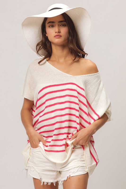V-Neck Stripe Dolman Sleeve Top