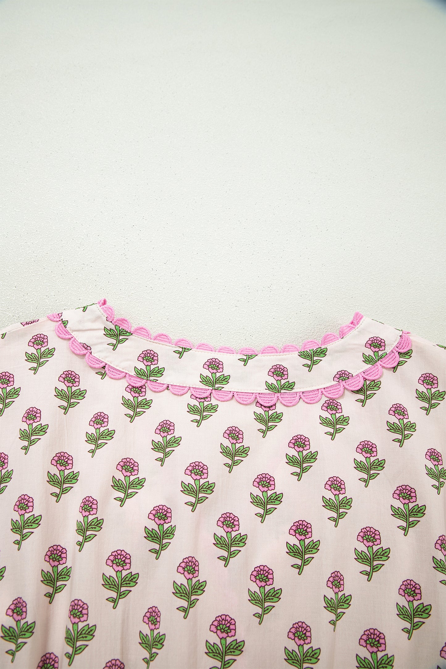 Pink Floral Print V Neck Scallop Trim Button Front Short Sleeve Long Dress