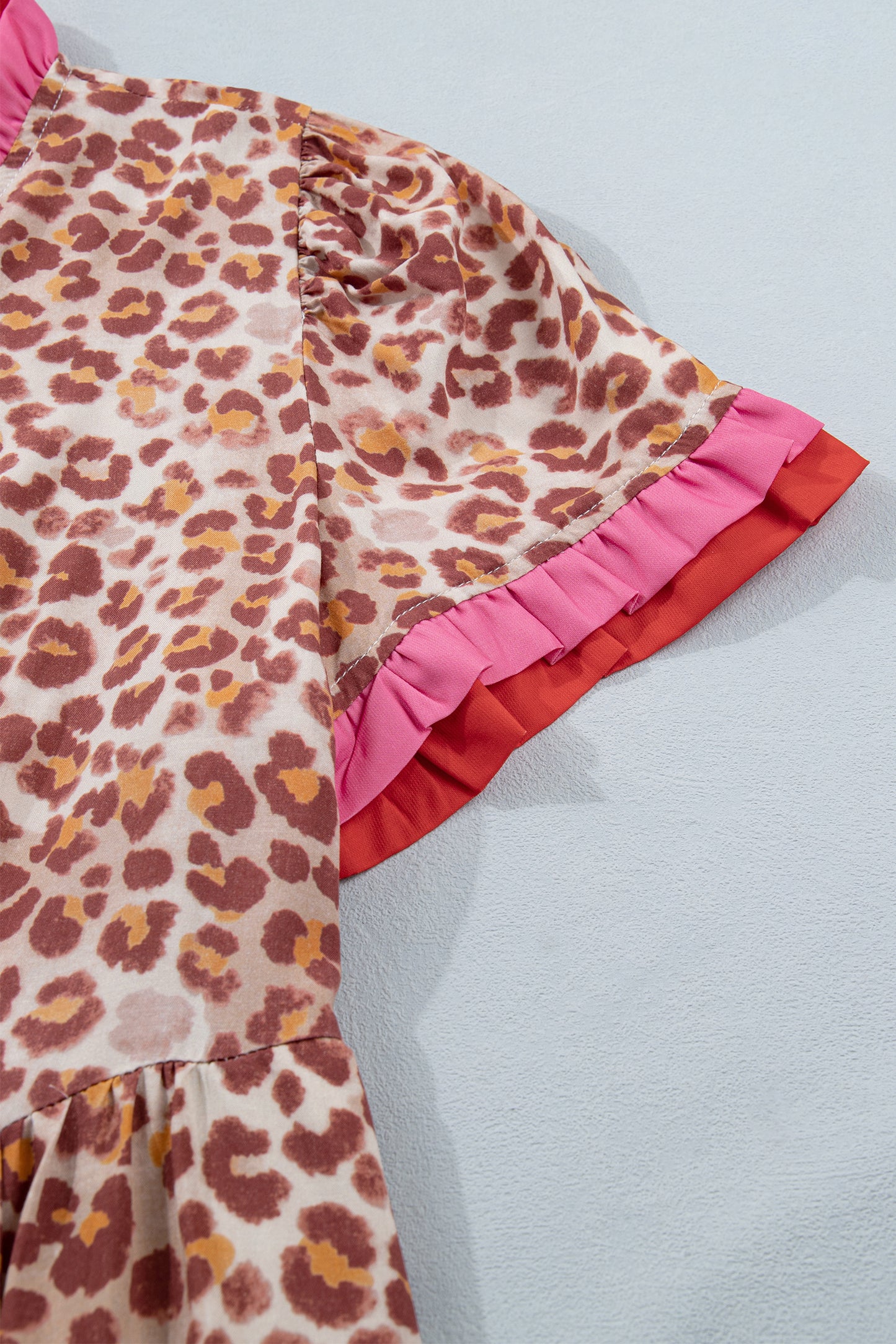 Khaki Leopard High Waist Ruffled Colorblock Trim Short Dress