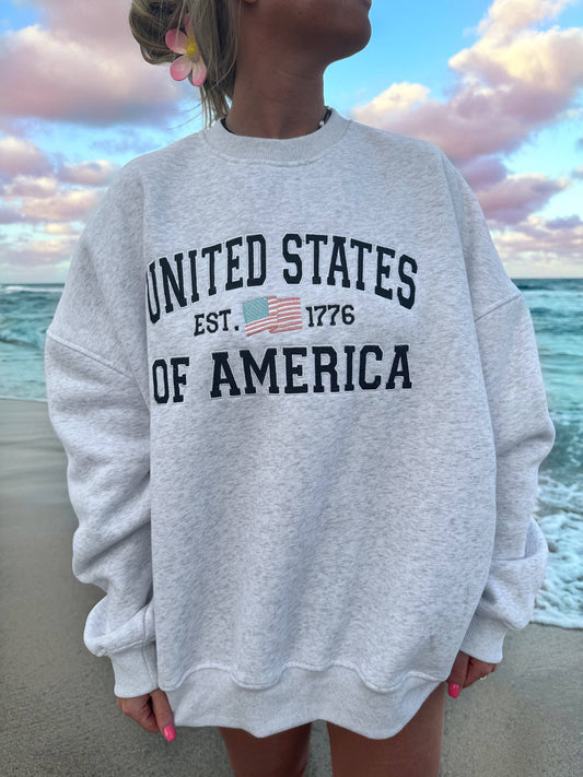 Sunkissed Coconut Pearl Grey United States Of America Embroider Sweatshirt
