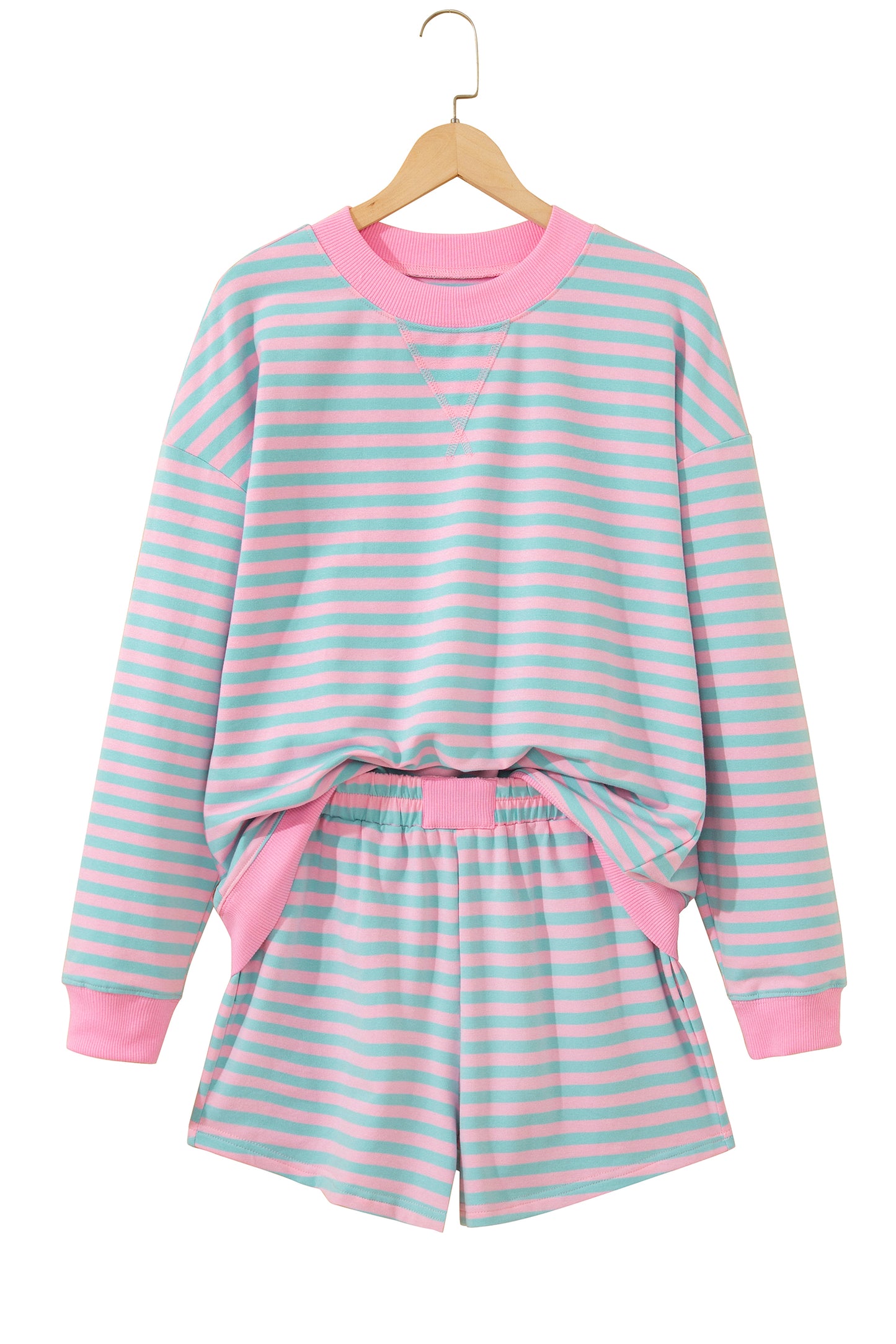Stripe Color Block Detail Long Sleeve Pullover Elastic Waist Pull On Shorts 2pcs Set