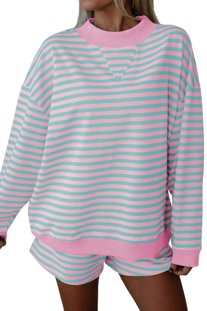 Stripe Color Block Detail Long Sleeve Pullover Elastic Waist Pull On Shorts 2pcs Set