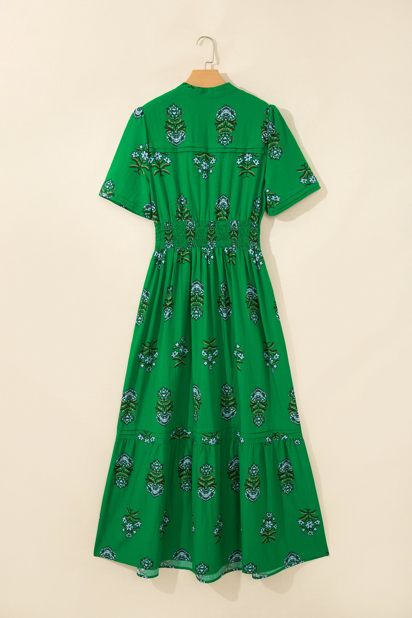Split Neck Shirred High Waist Ruffle Hem Maxi Dress