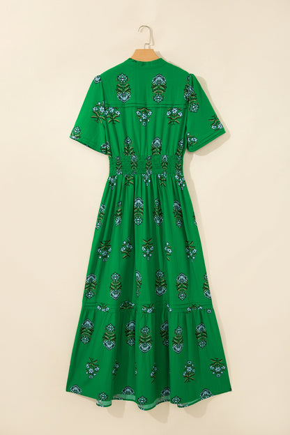 Split Neck Shirred High Waist Ruffle Hem Maxi Dress