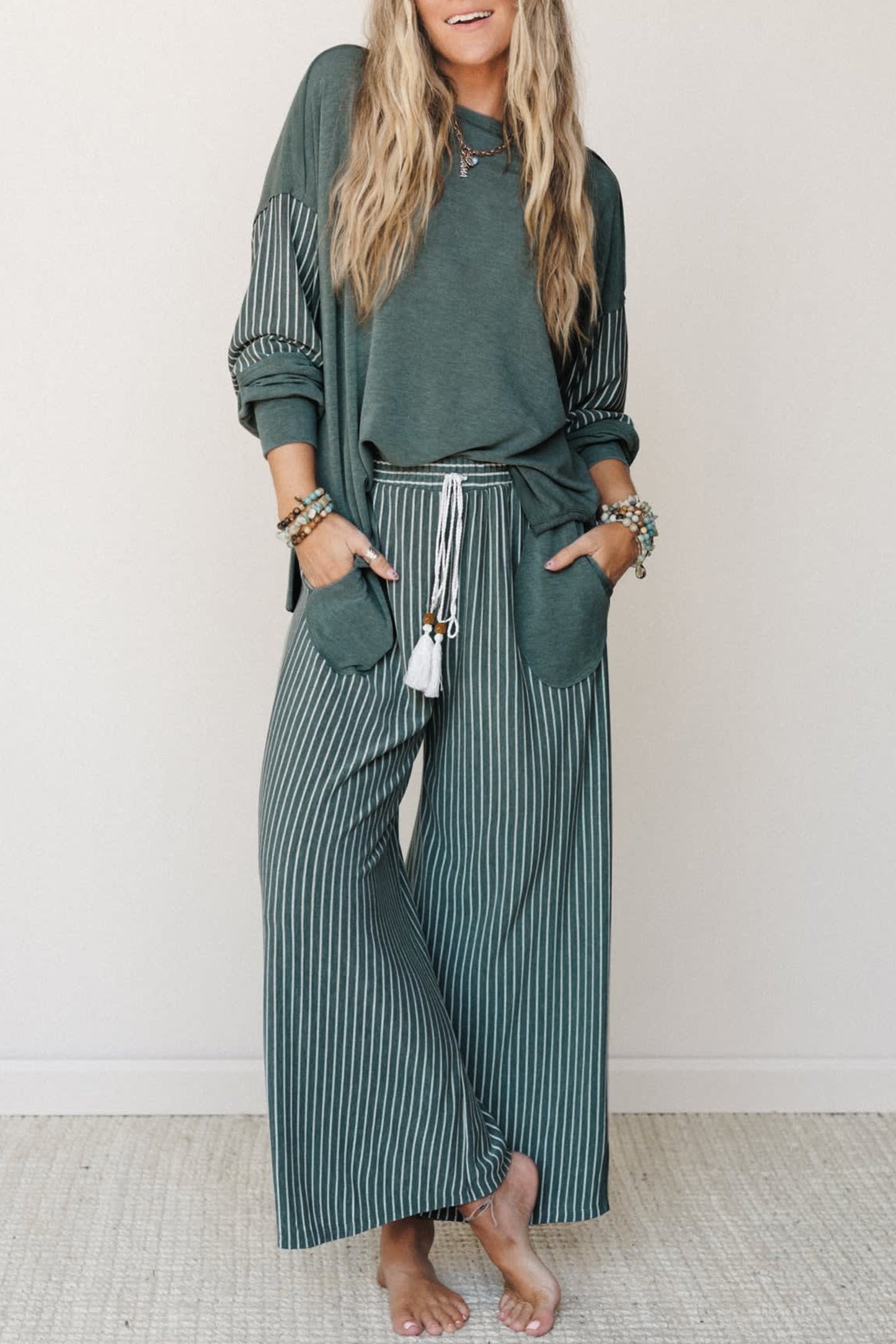 Raw Seam Patchwork Long Sleeve Top Pocket Casual Pants 2pcs Set