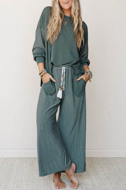 Raw Seam Patchwork Long Sleeve Top Pocket Casual Pants 2pcs Set
