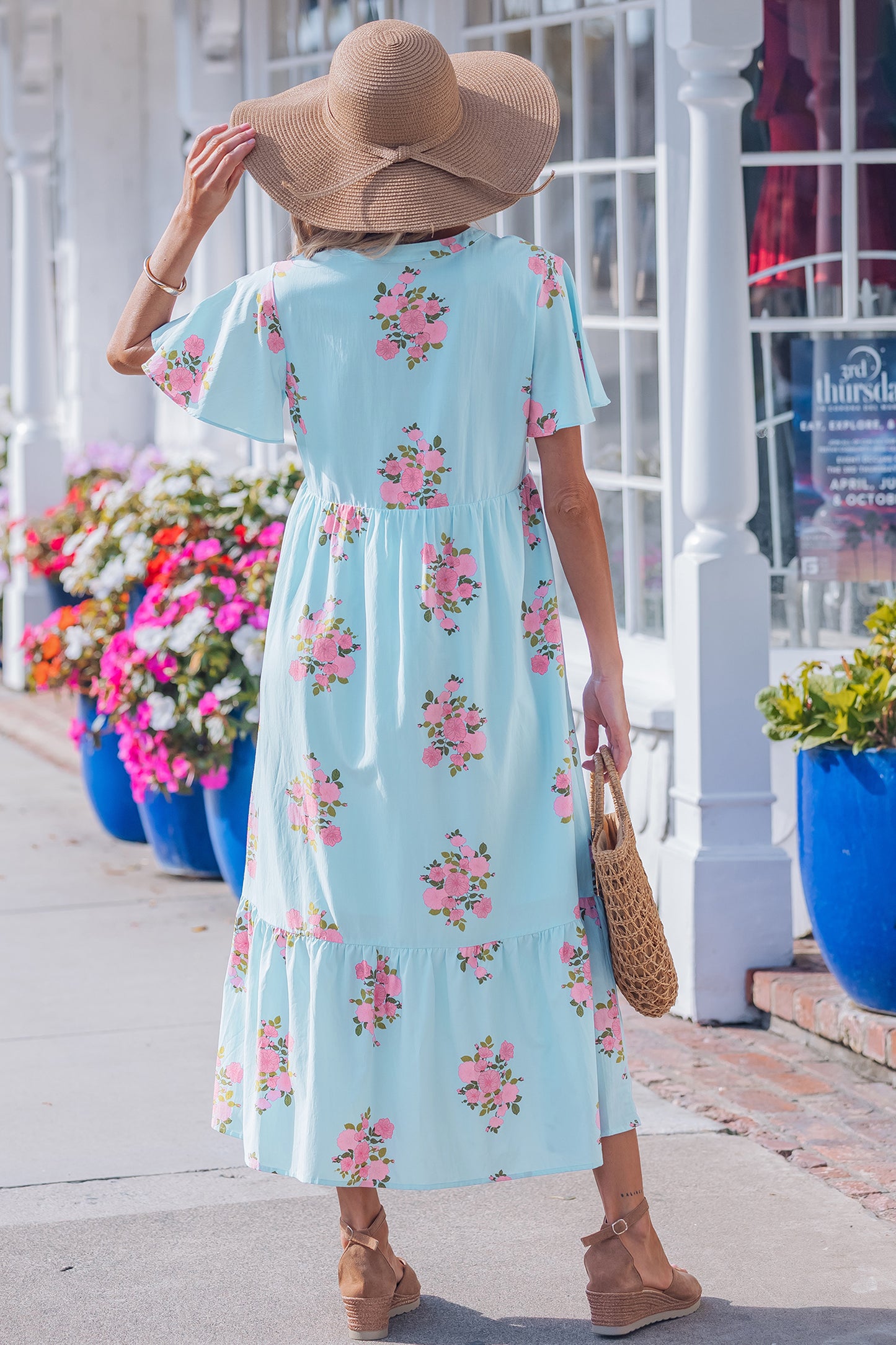 Sky Blue Notched Neck Flutter Short Sleeve Floral Print Maxi Dress