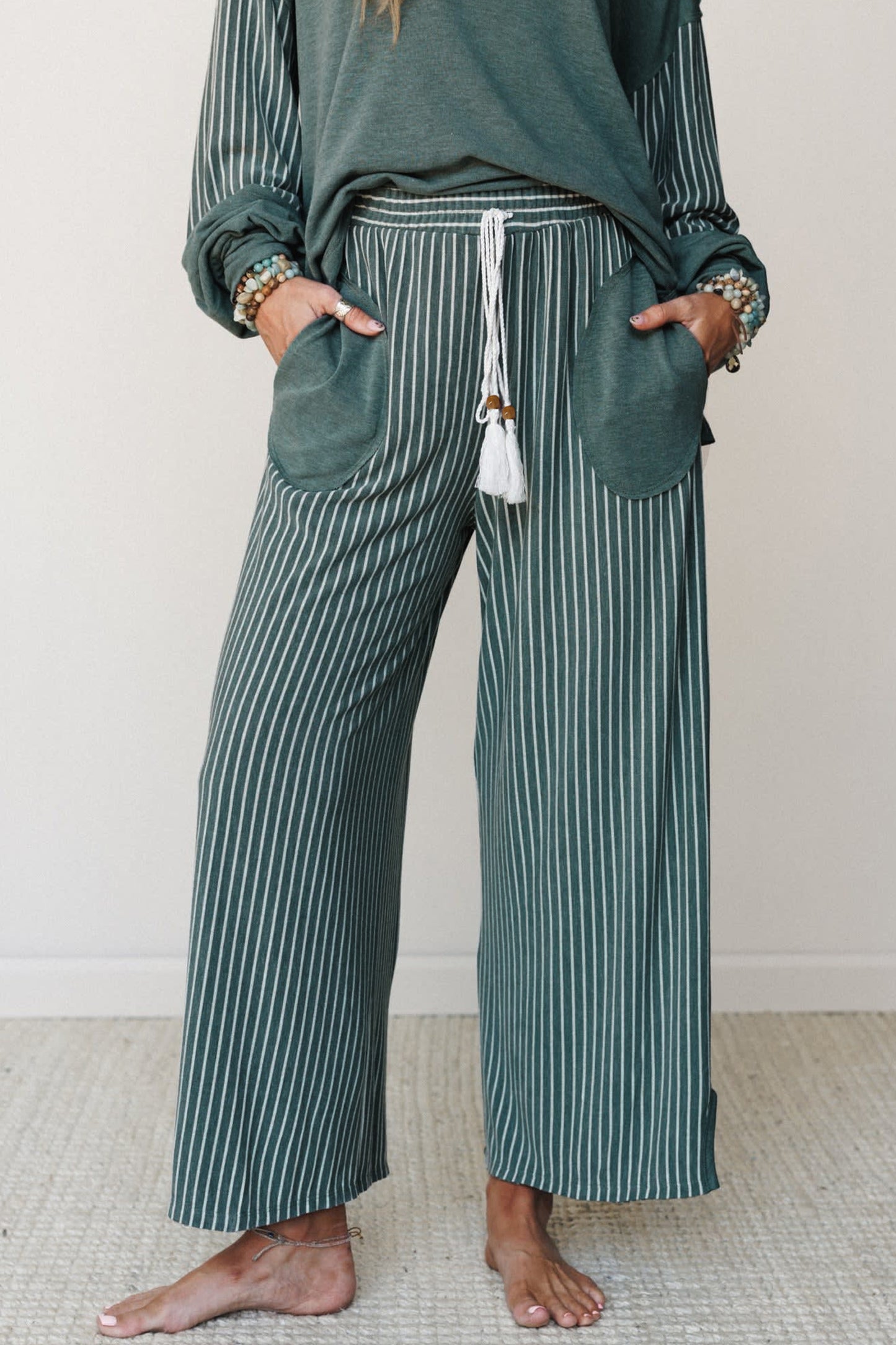 Raw Seam Patchwork Long Sleeve Top Pocket Casual Pants 2pcs Set