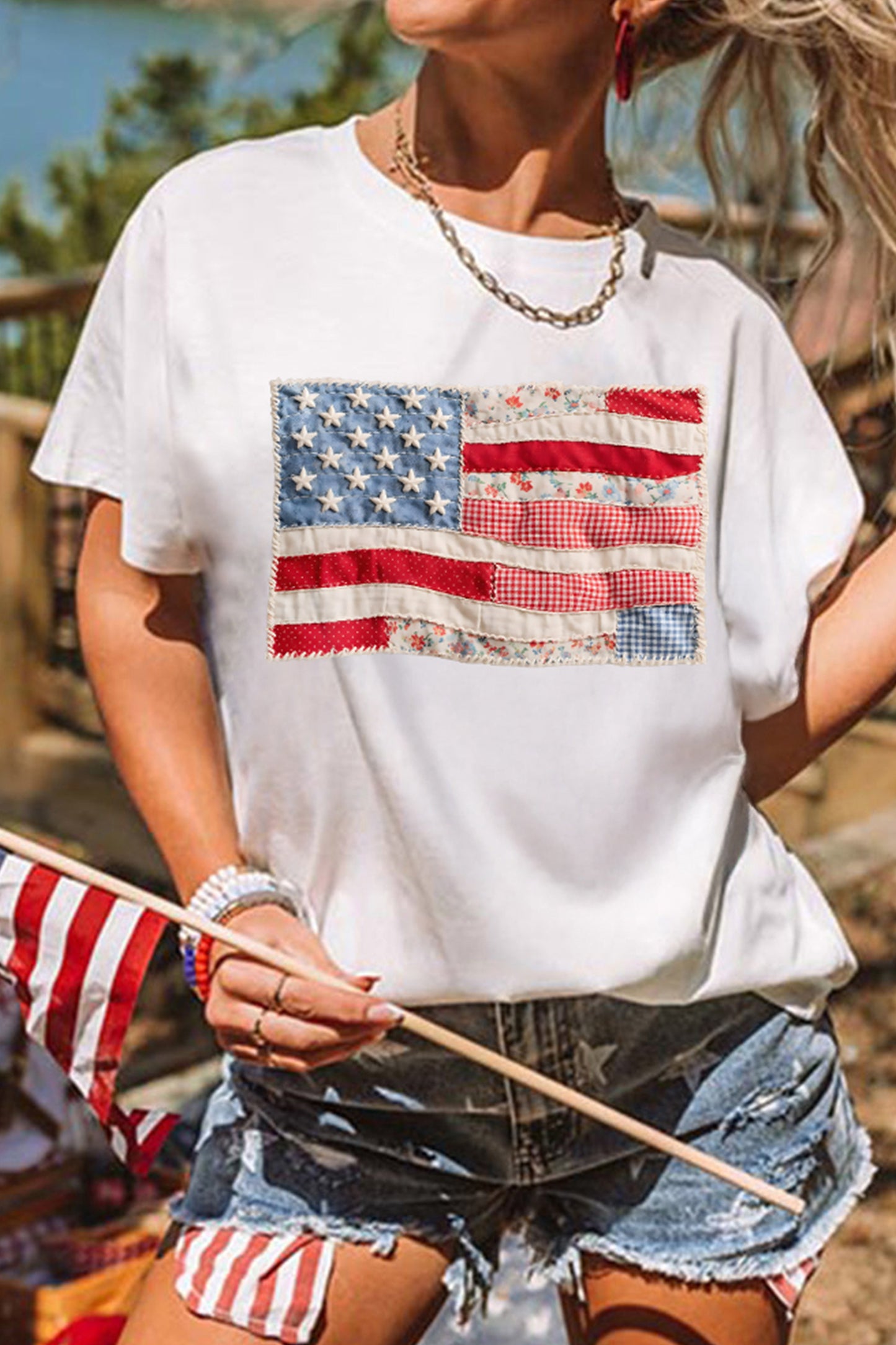 White Faux Patchwork Printed US Flag Casual Tee