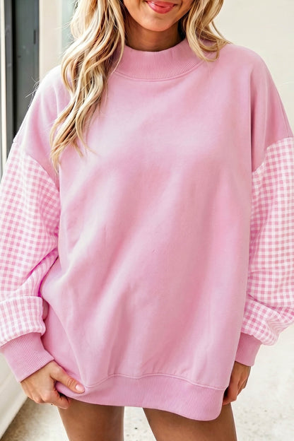 Plaid Sleeve Loose Tunic Mockneck Sweatshirt
