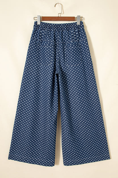 Sky Blue Polka Dot Print Button Pleated Detail Wide Leg Jeans