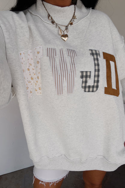 Gray WWJD Mixed Pattern Embroidered Patch Mock Neck Sweatshirt