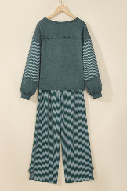 Raw Seam Patchwork Long Sleeve Top Pocket Casual Pants 2pcs Set