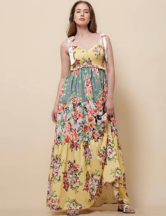 Sunset Bloom Tie-Shoulder Floral Maxi Dress