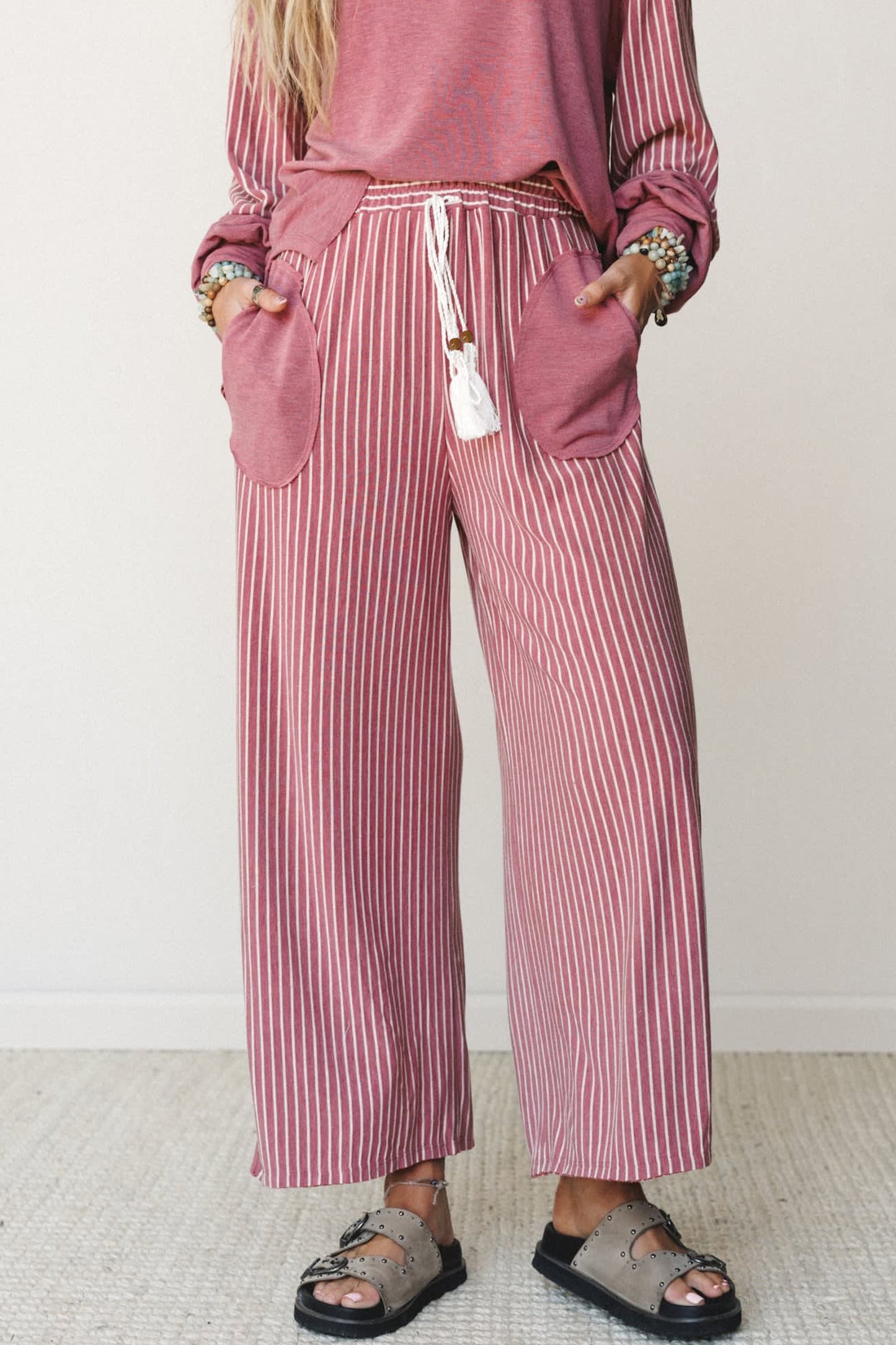 Raw Seam Patchwork Long Sleeve Top Pocket Casual Pants 2pcs Set