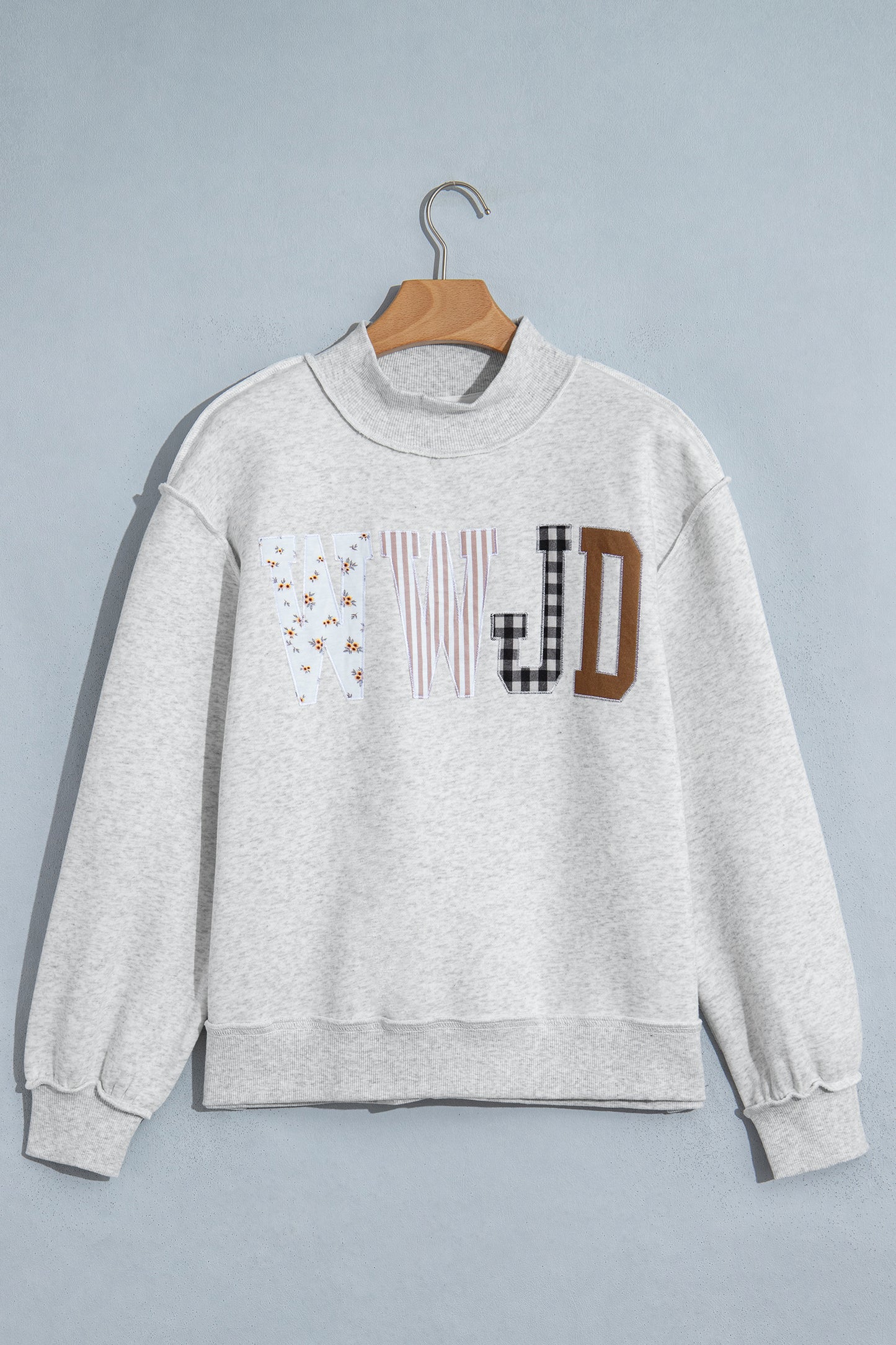 Gray WWJD Mixed Pattern Embroidered Patch Mock Neck Sweatshirt
