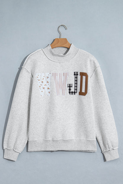 Gray WWJD Mixed Pattern Embroidered Patch Mock Neck Sweatshirt