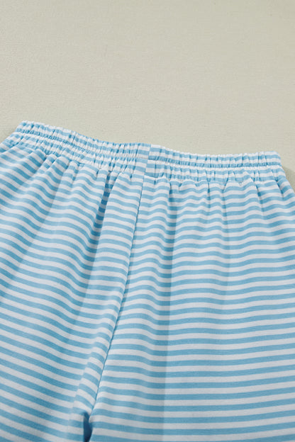 Green Stripe Cuffed Sleeve Contrast Mock Neck Tee Casual 2pcs Short Set