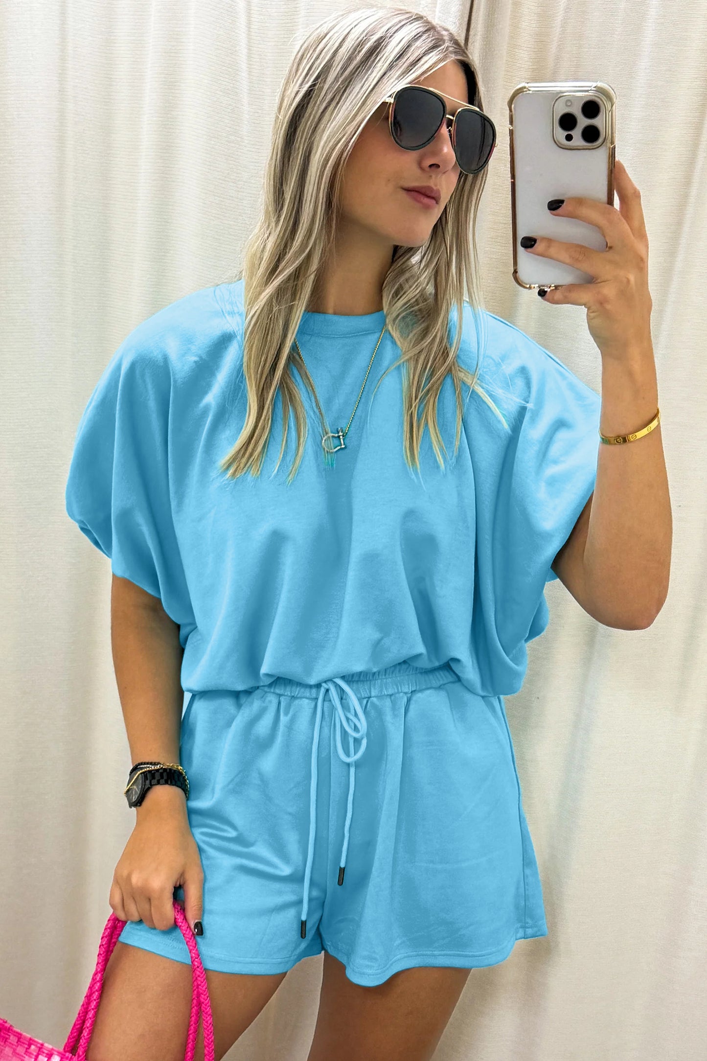 Green Solid Color Puffy Loose Top Drawstring Shorts 2pcs Outfit