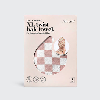 Kitsch Extra Large Quick-Dry Hair Towel Wrap- Terracotta Checker
