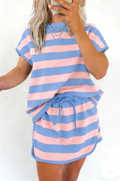 Stripe Dolman Tee Drawstring Skort Athletic 2pcs Set