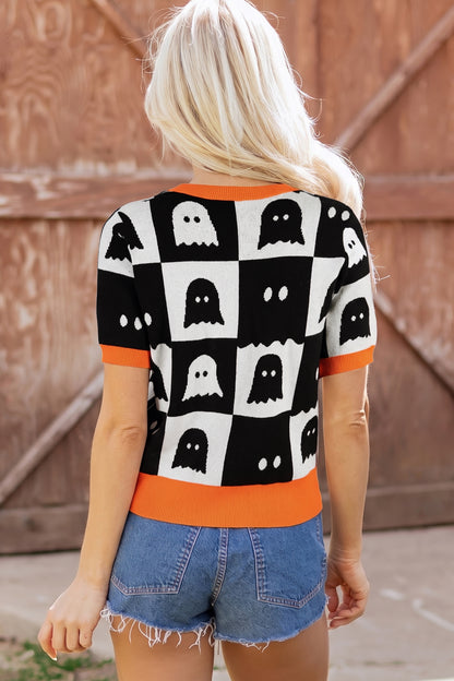 White Geometric Ghost Color Block Trim Short Sleeve Knit Sweater