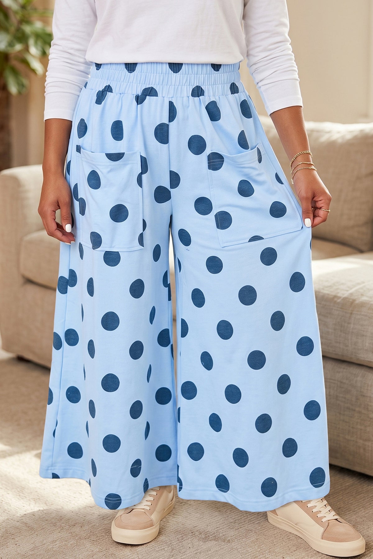 Polka Dot Elastic Waist Wide Leg Plus Size Pants