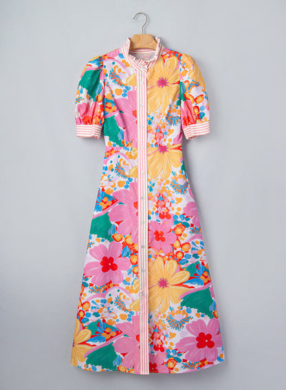 Floral Print Striped Trim Button Down Short Sleeve Dress