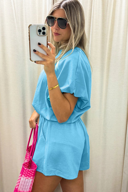 Green Solid Color Puffy Loose Top Drawstring Shorts 2pcs Outfit