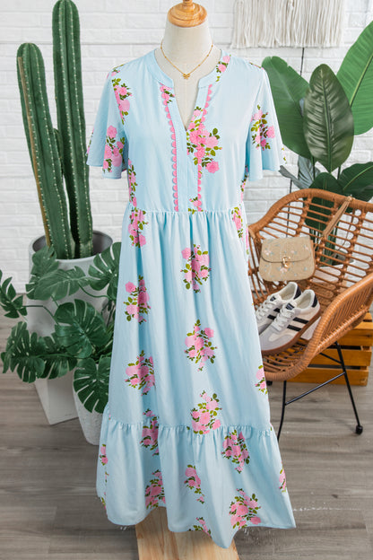 Sky Blue Notched Neck Flutter Short Sleeve Floral Print Maxi Dress