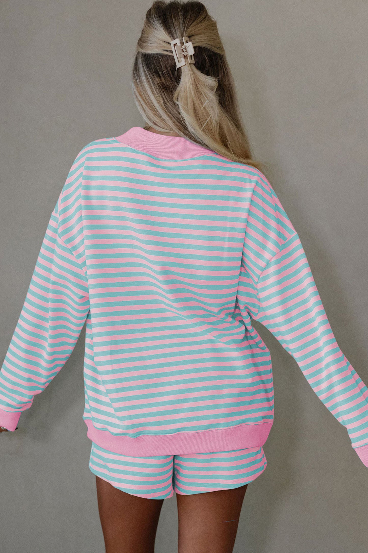Stripe Color Block Detail Long Sleeve Pullover Elastic Waist Pull On Shorts 2pcs Set