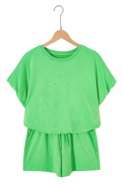 Green Solid Color Puffy Loose Top Drawstring Shorts 2pcs Outfit