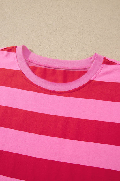 Rose Stripe Cuffed Short Sleeve Pocketed Casual T Shirt Long Dress