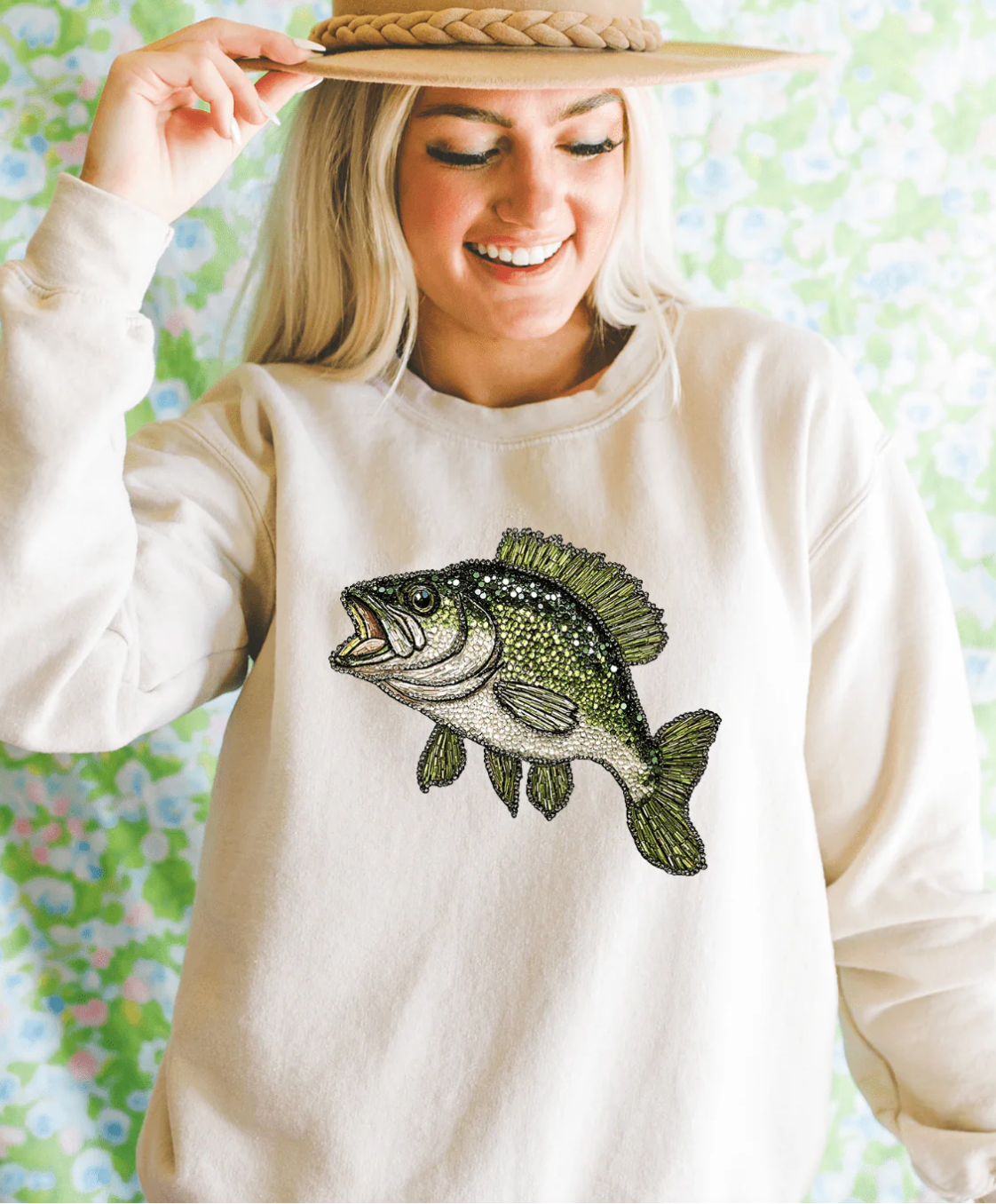 Faux Rhinestone Bass Cream Sweatshirt
