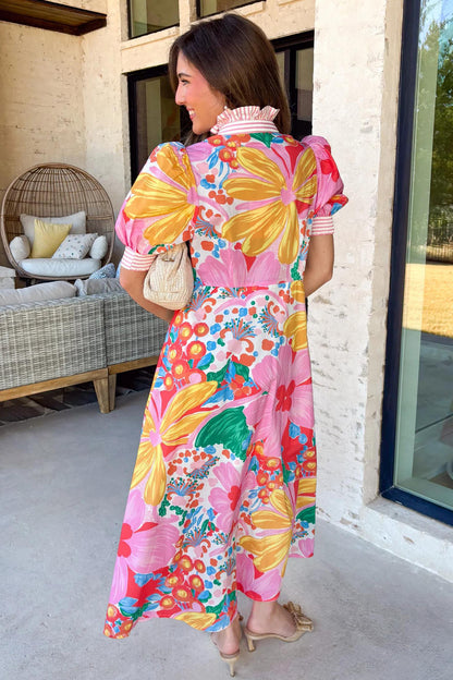 Floral Print Striped Trim Button Down Short Sleeve Dress