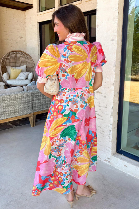 Floral Print Striped Trim Button Down Short Sleeve Dress
