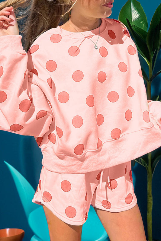 Pink Polka Dot Print Pullover and Shorts Set
