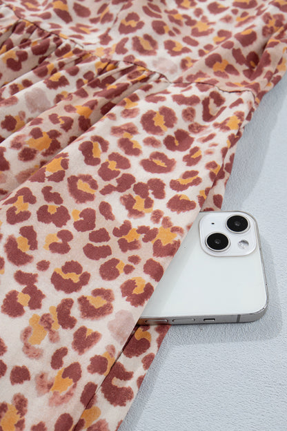 Khaki Leopard High Waist Ruffled Colorblock Trim Short Dress