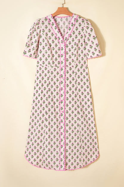 Pink Floral Print V Neck Scallop Trim Button Front Short Sleeve Long Dress
