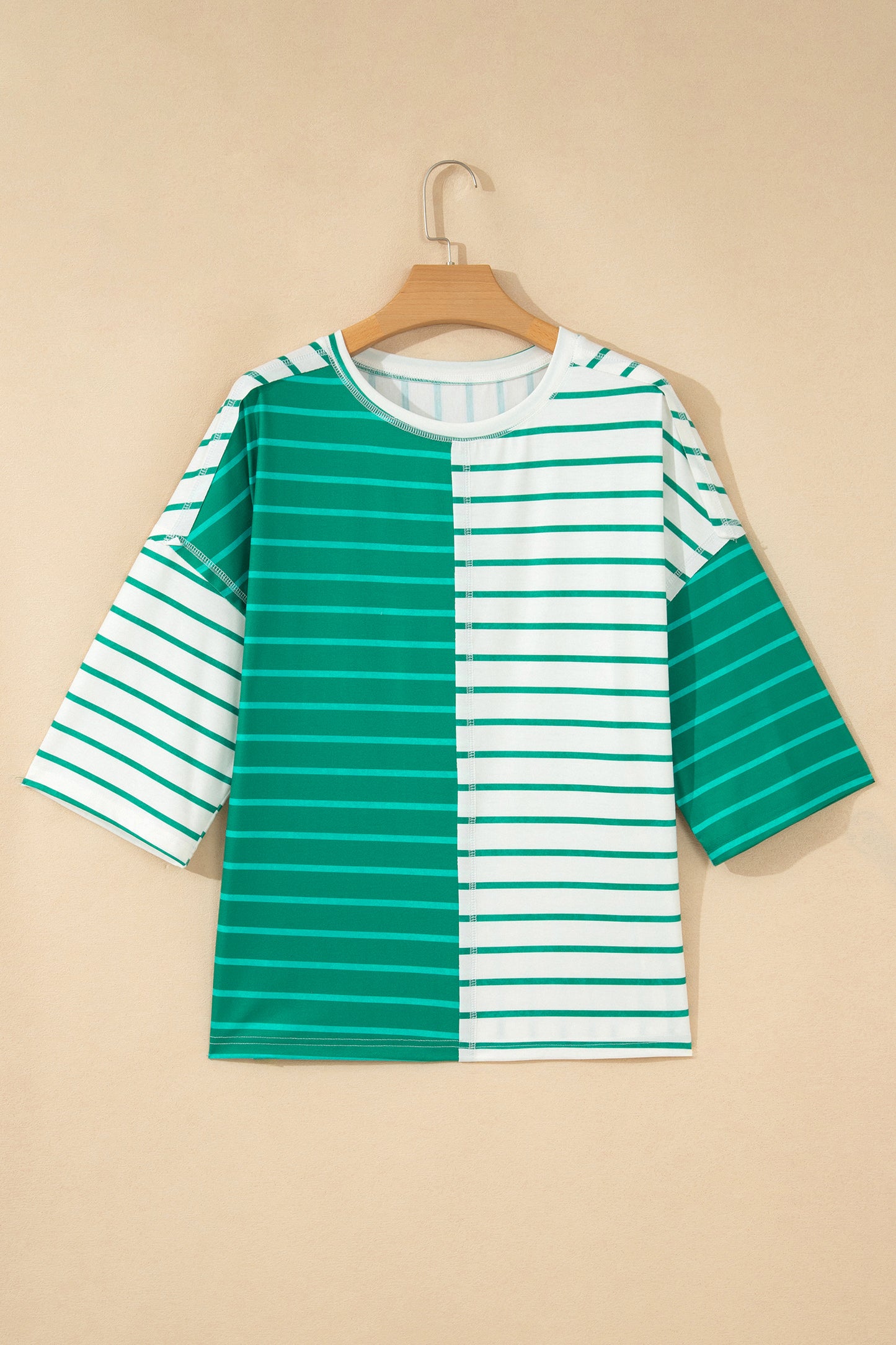 Stripe Colorblock 3/4 Sleeve Loose T Shirt