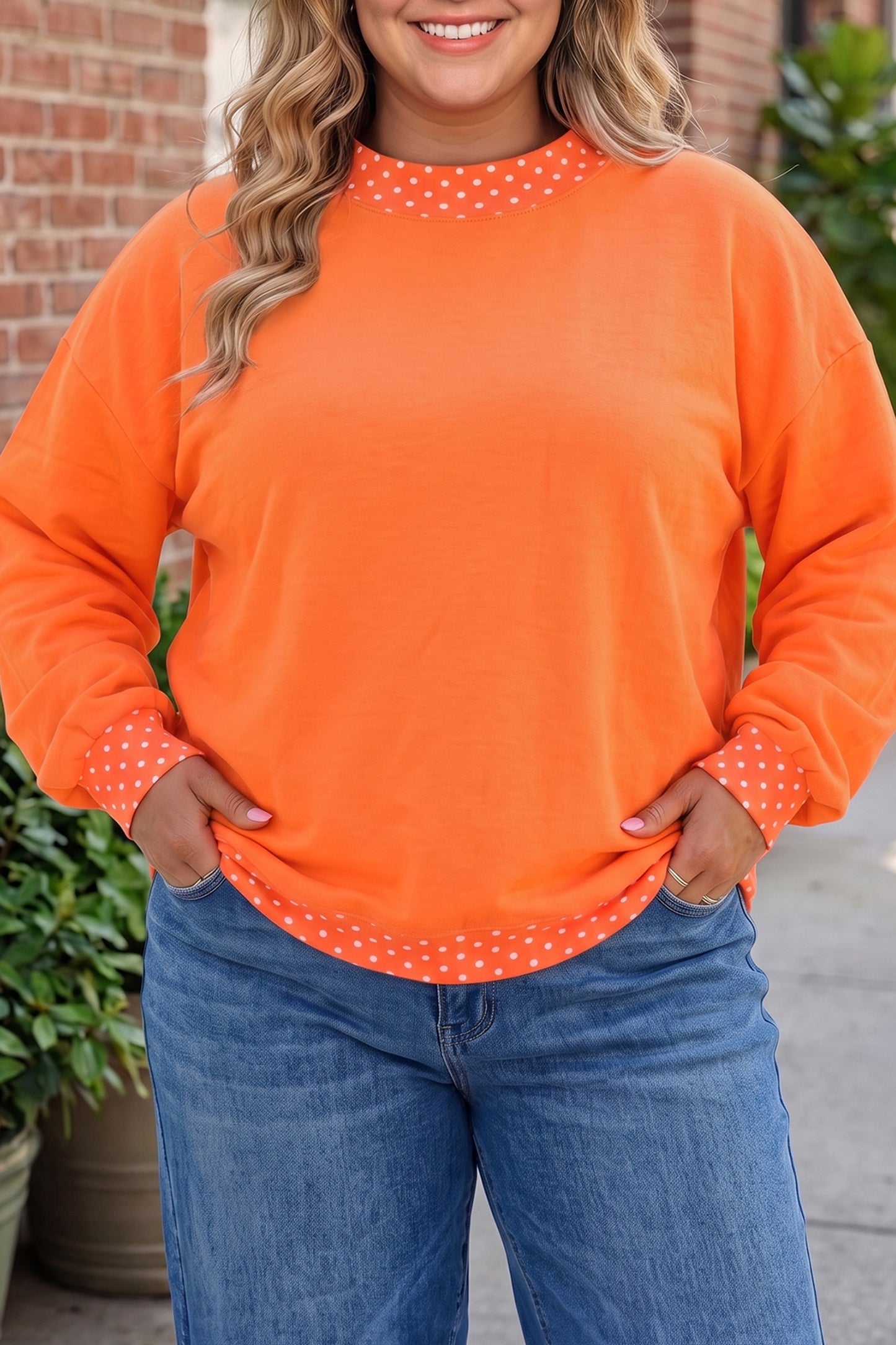 Polka Dot Patchwork Round Neck Plus Size Sweatshirt