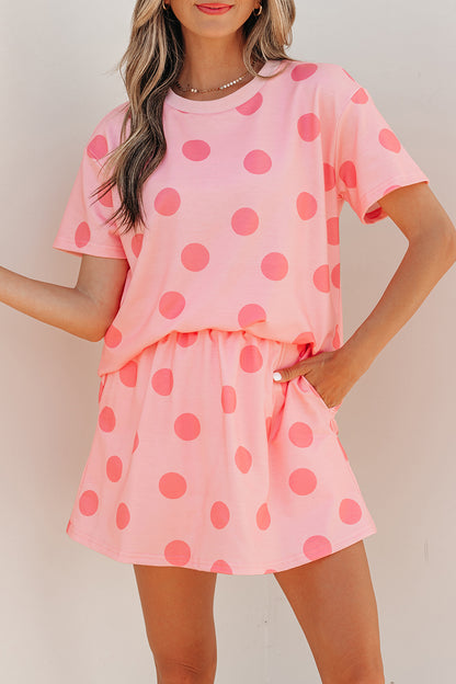 Polka Dot Short Sleeve Top Casual Skort 2pcs Outfit